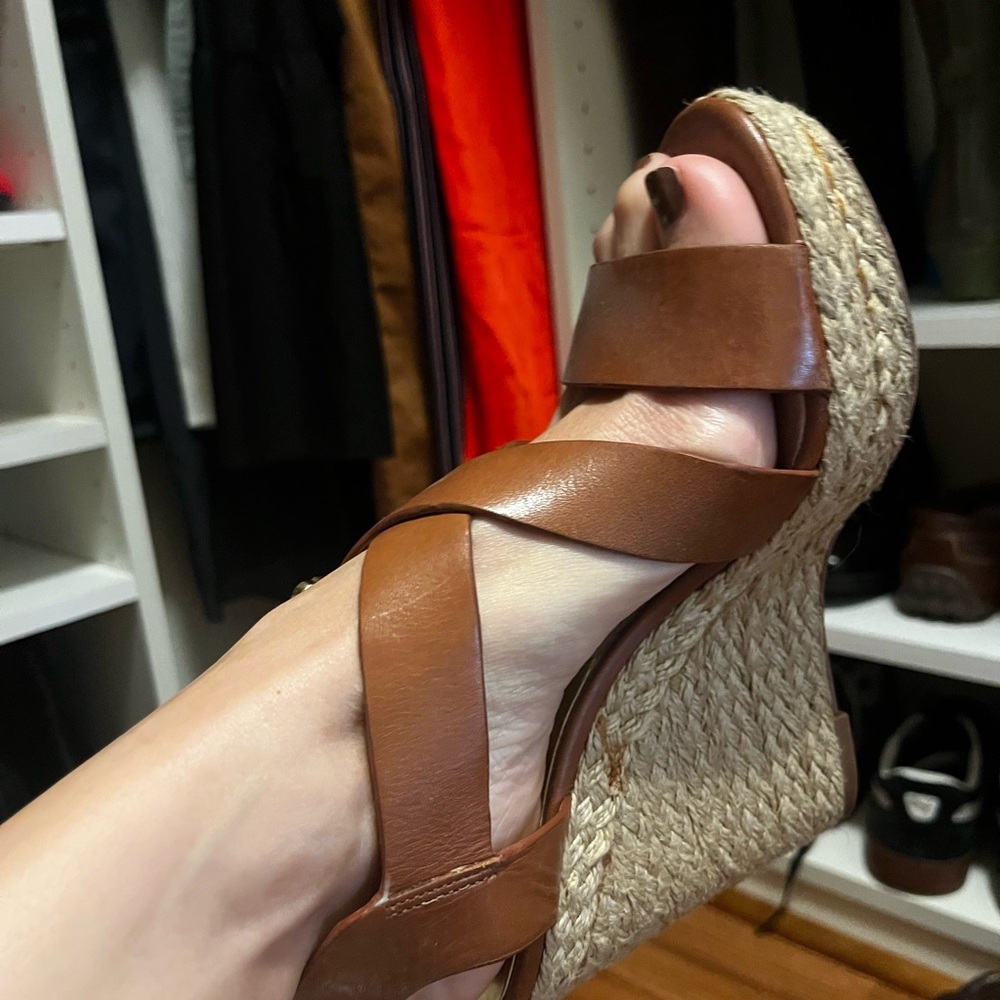 Michael Kors Brown Wedge Sandals with Leather Straps and Gold Buckle